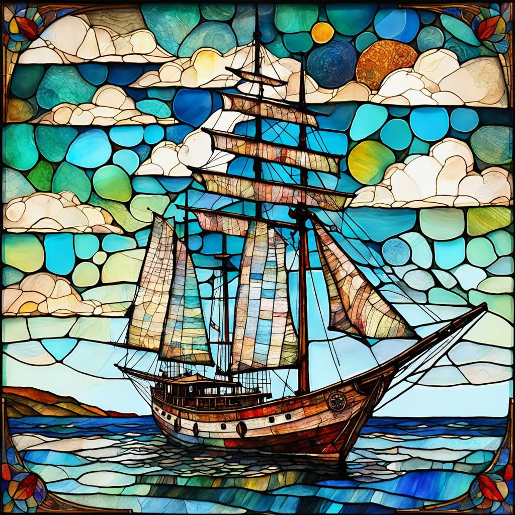 Very old Stained Glass Sailing-Ship.