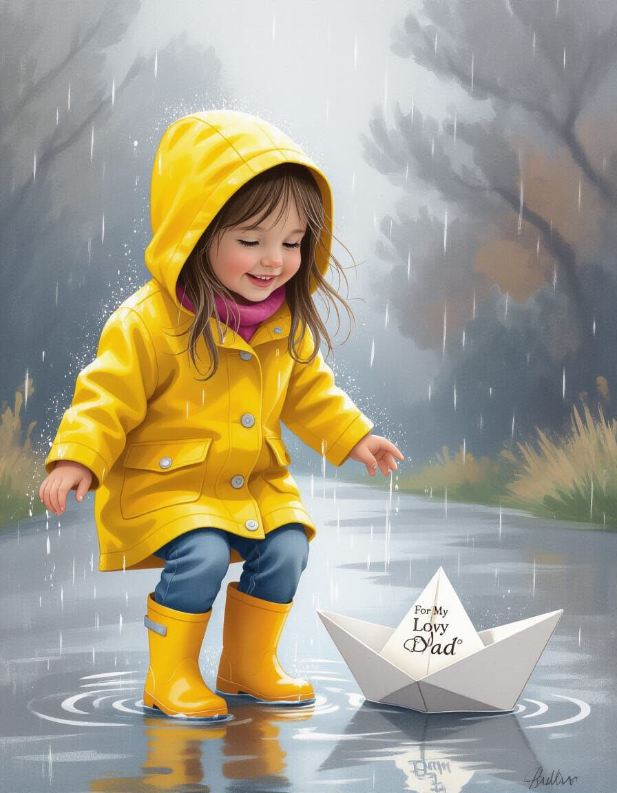 Girl in Yellow Raincoat: Charcoal Drawing in the Rain
