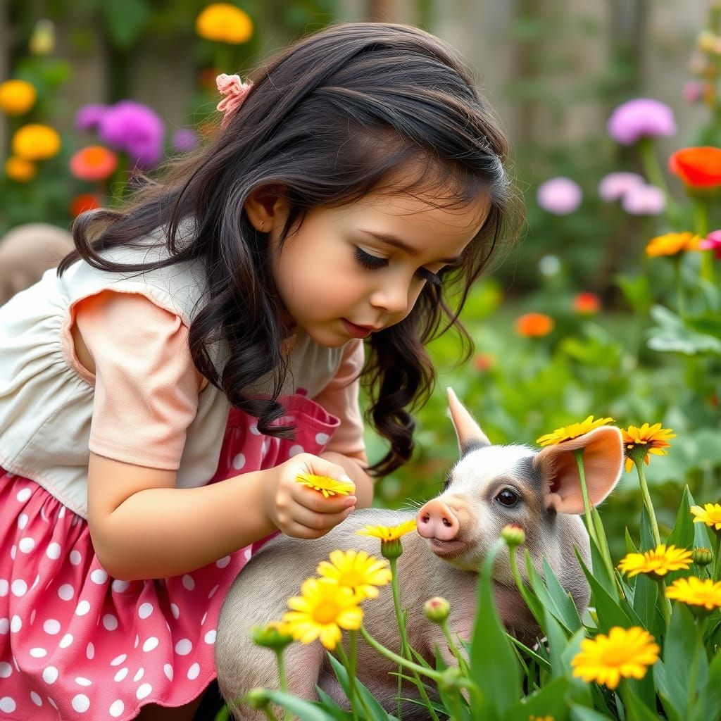 Spanish Girl Picking Flowers with Her Lovable Pet Pig in a V...