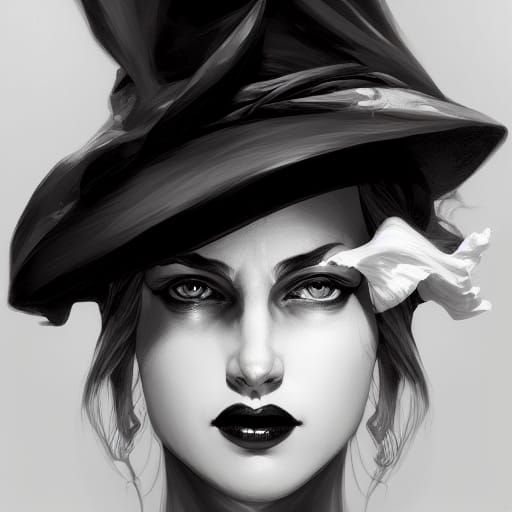 Monochrome Portrait of an Evil Witch in Art Nouveau Style