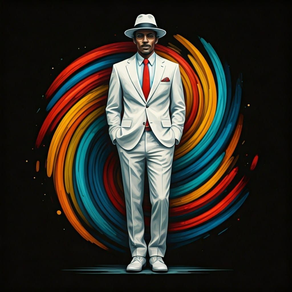 Charismatic Figure in White Suit, Polychromatic Graffiti Art