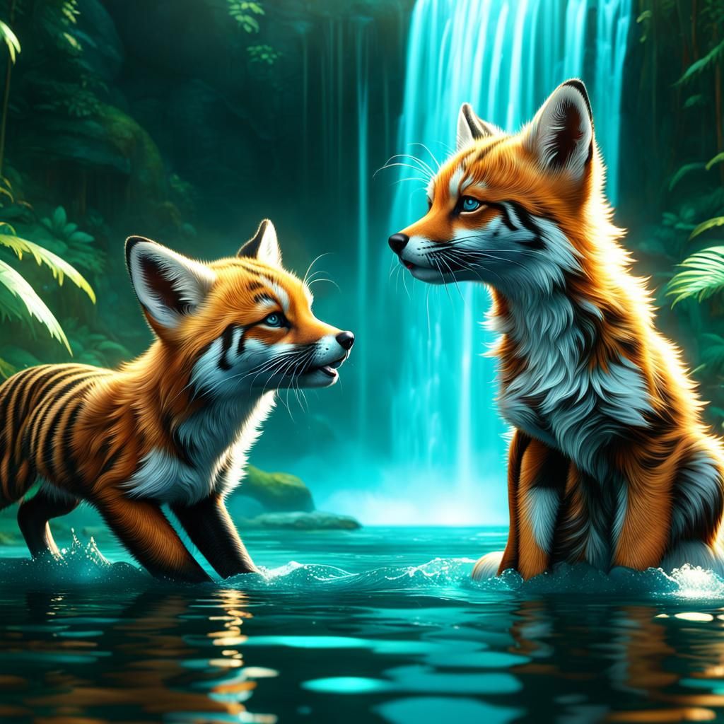 Happy Fox-Tiger Hybrid Pup in Dramatic Lighting