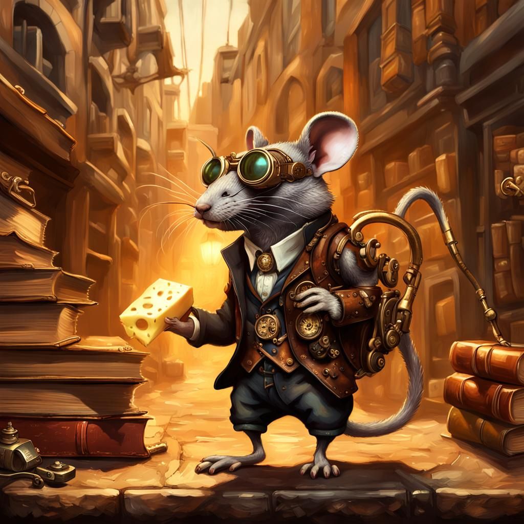Steampunk Rat with Cheese in Bookstore Alley