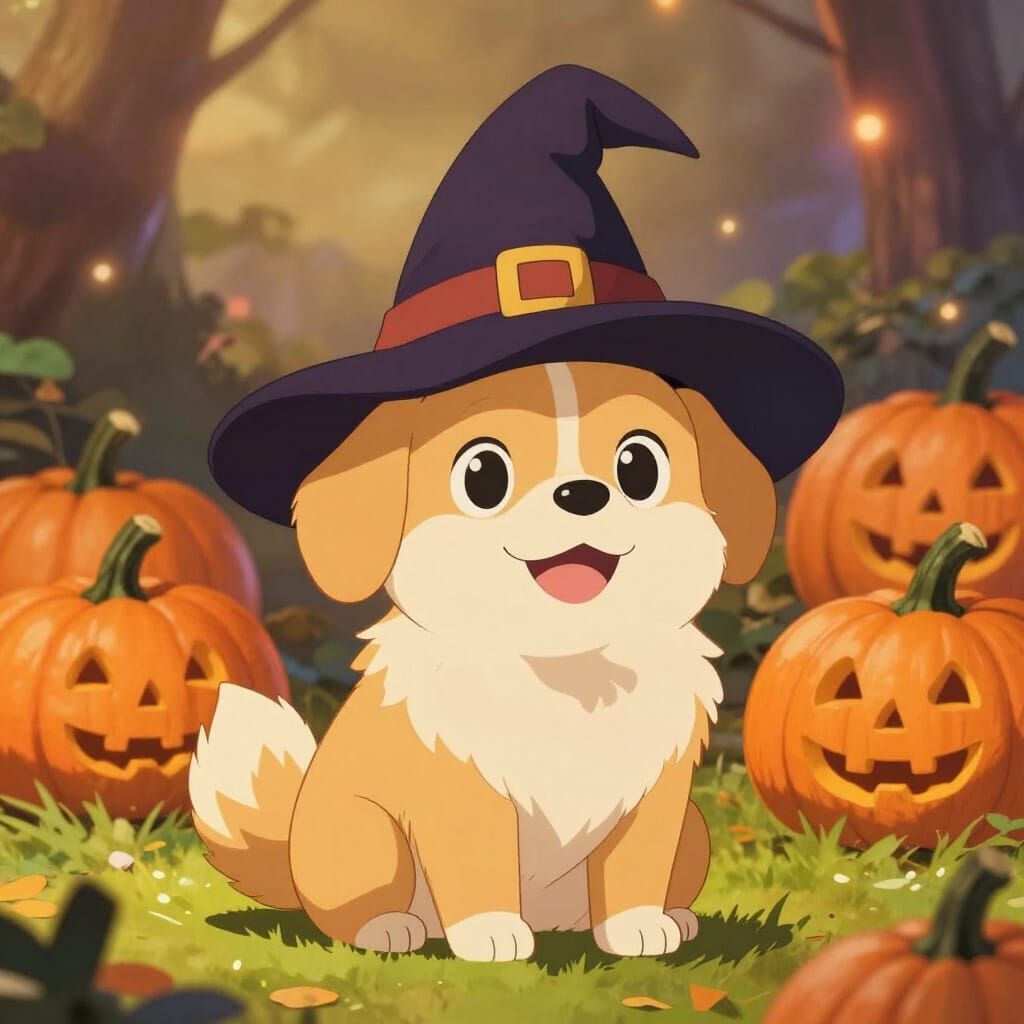 Cute Witch Dog in Pumpkin Patch Digital Art