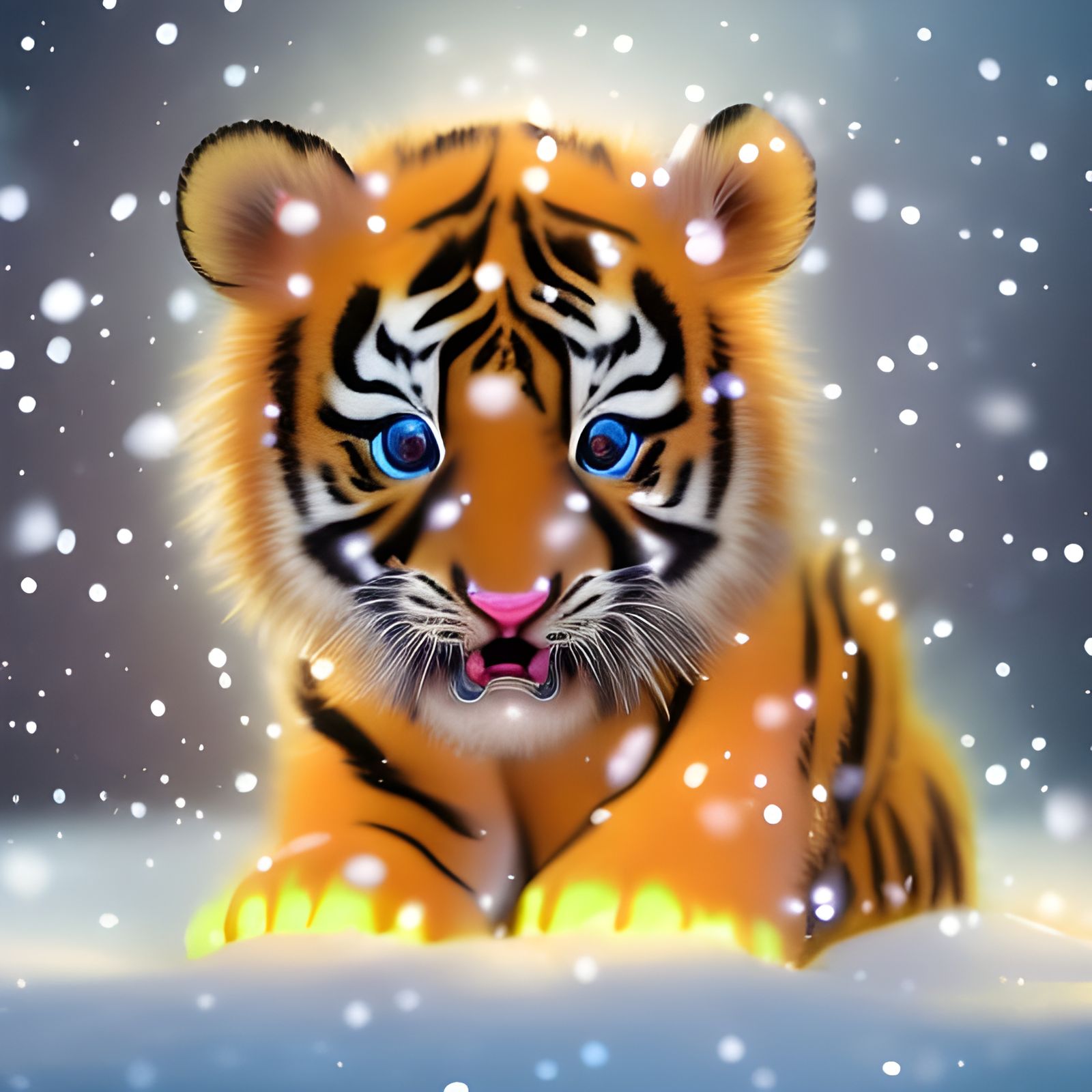 Cute Fluffy Tiger Surrounded by Teal Crystal Sparkles