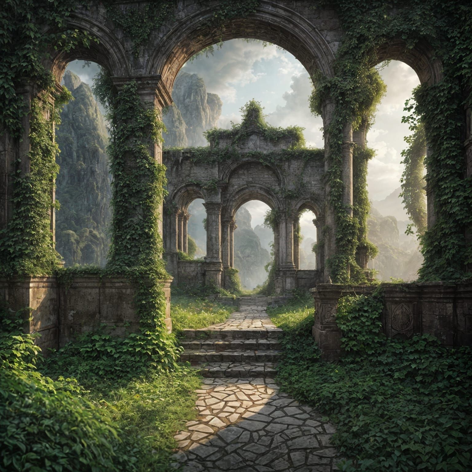 Dramatic Vines on Crumbling Arches Digital Painting