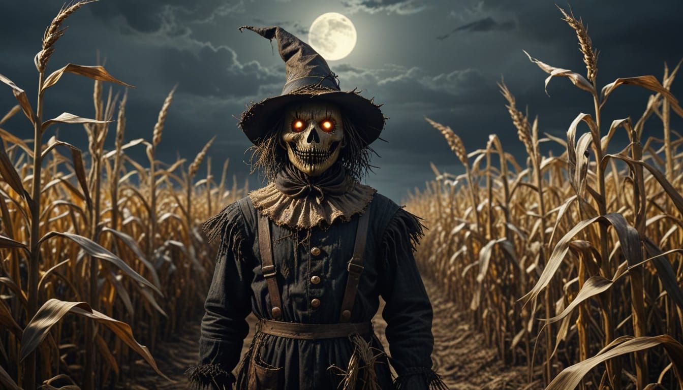 Terrifying Scarecrow in Moonlit Cornfield, Gothic Horror Sty...