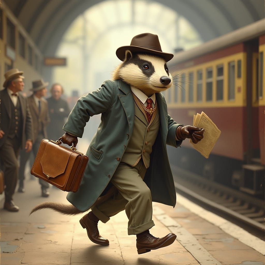 Badger Commuter in Steam Train Station, Whimsical Art