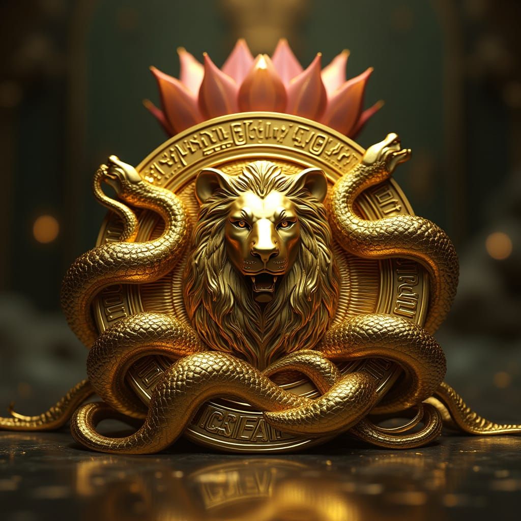 Gold Lion Coin with Snakes in Cyberpunk Style