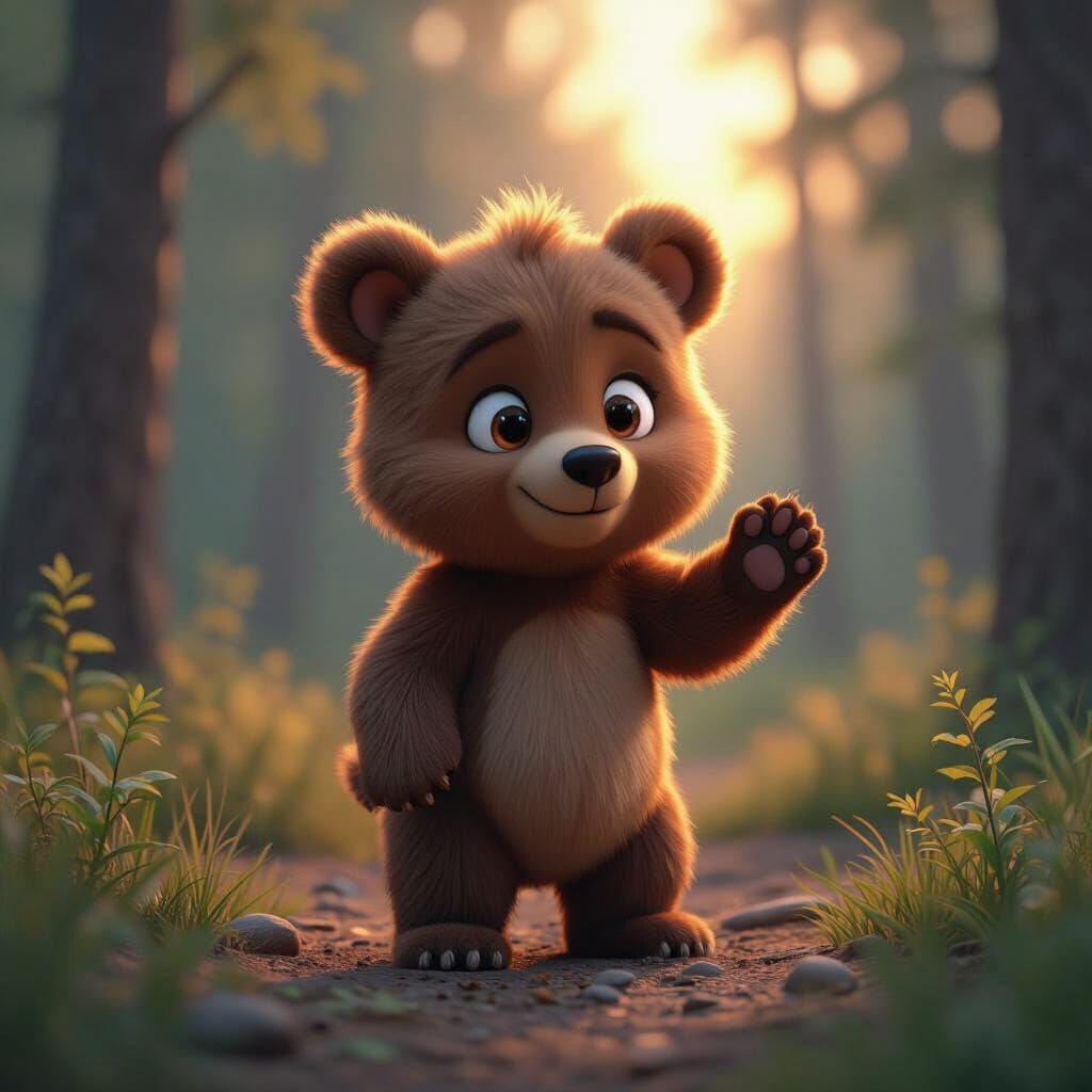 Playful Brown Bear Cub in Forest, as 3D Digital Art