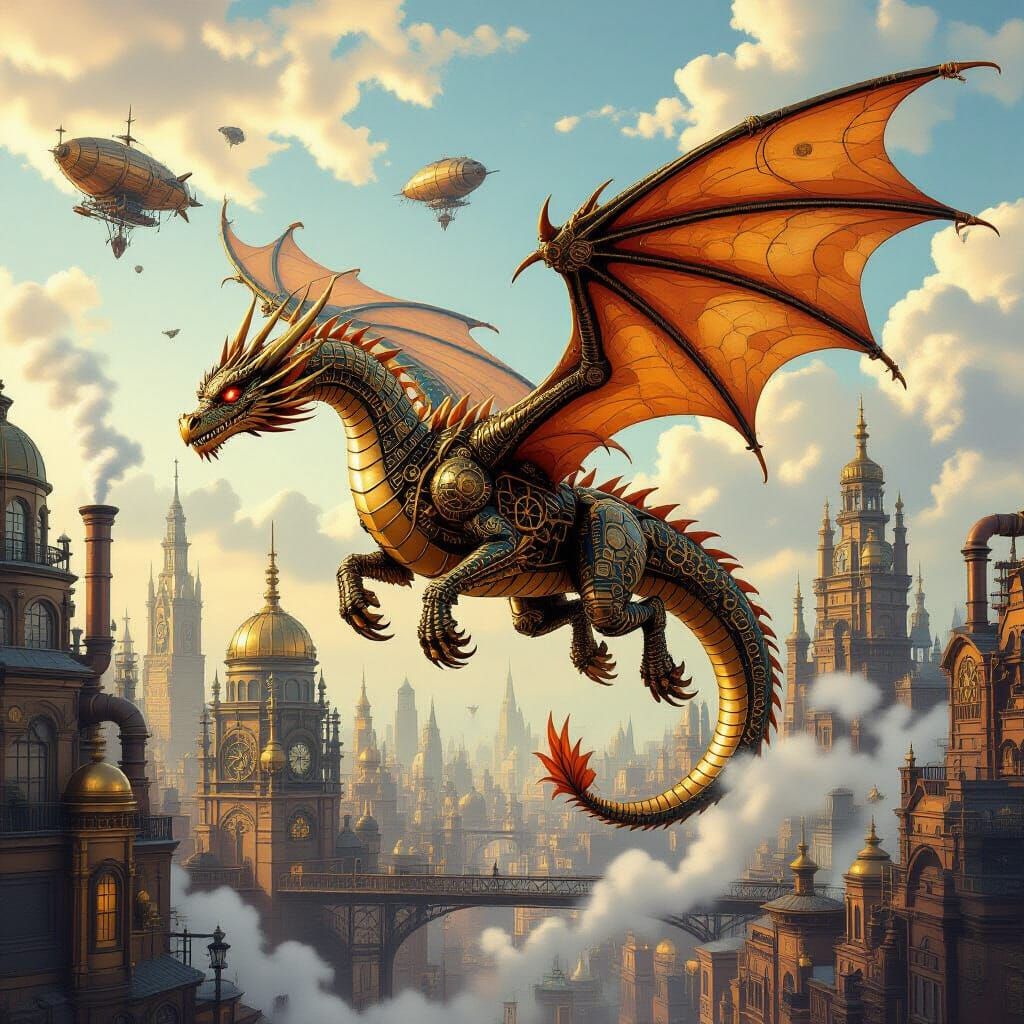 Steampunk Clockwork Dragon Soaring Over Metropolis
