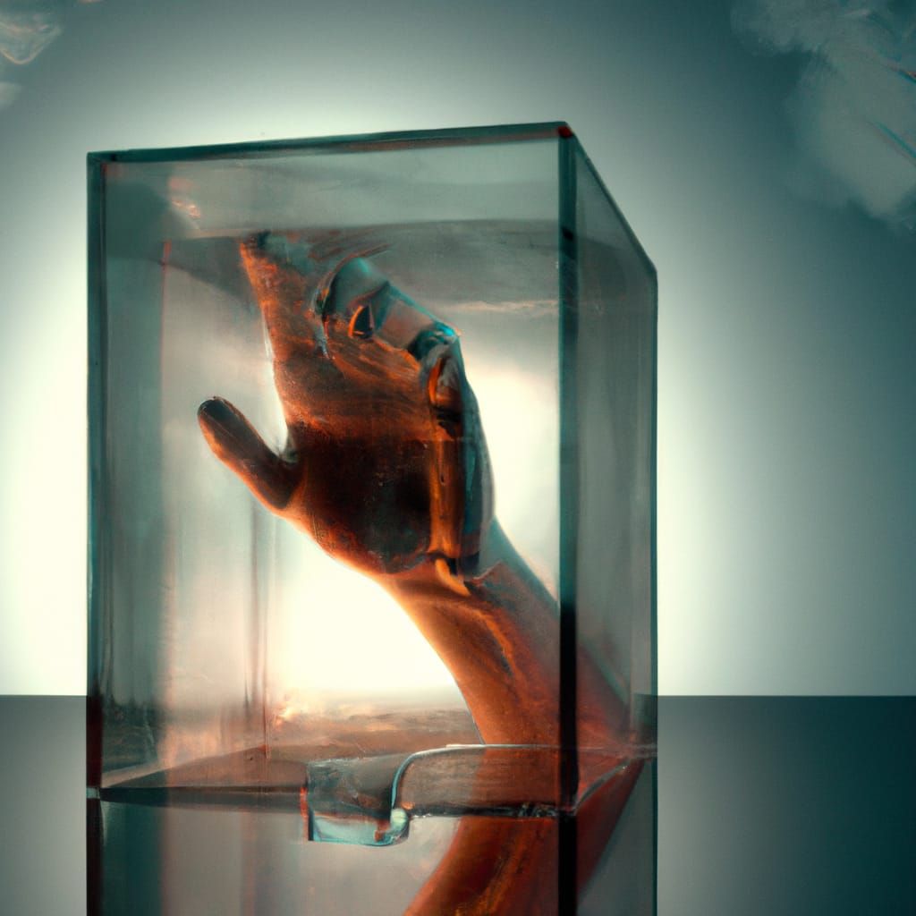 Dead Hand in Glass Cube: Hyperrealistic 3D Render