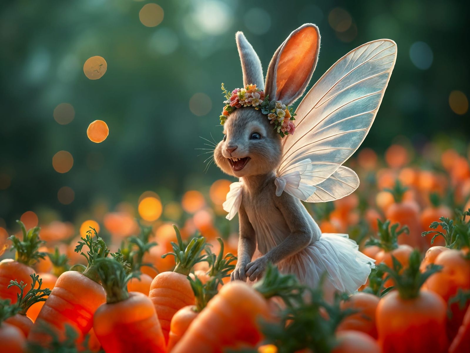 Laughing Fairy Bunny in a Magical Carrot Field