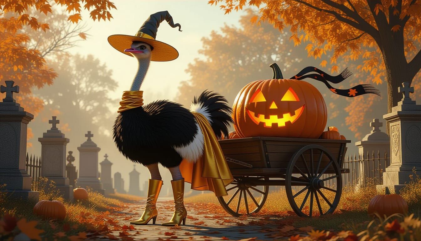 Ostrich in Halloween Costume with Pumpkin Cart
