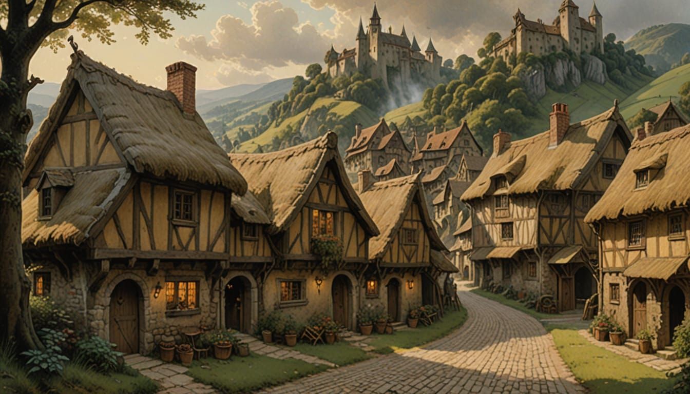 Medieval Village Scene in Earthy Tones