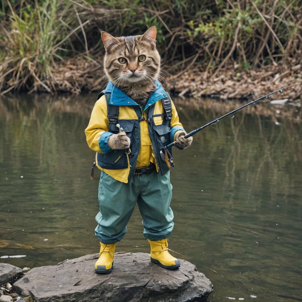 Anthropomorphic Cat Fisherman Ready to Cast