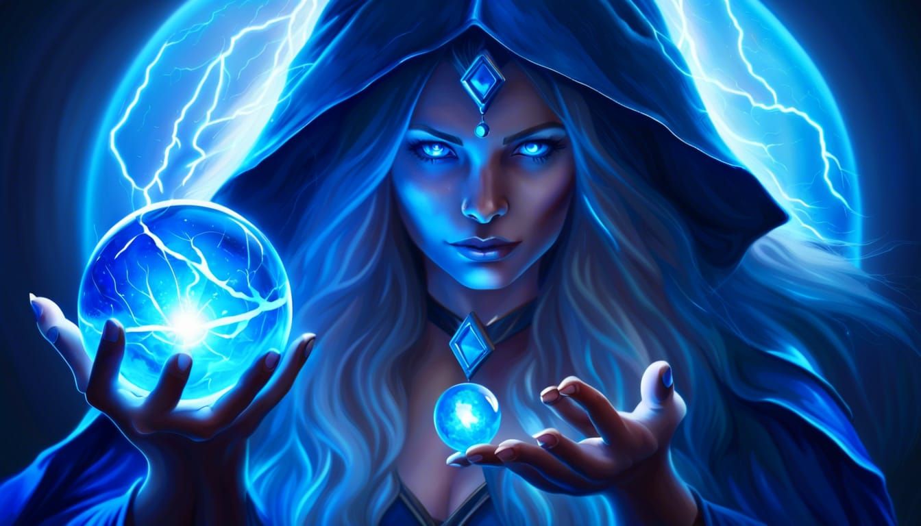 Blue Sorceress with Crystal Ball in Fantasy Style