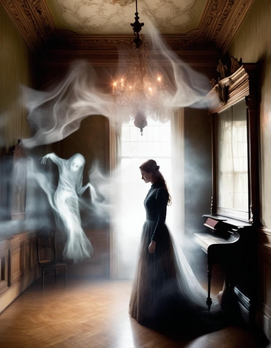 Ethereal Ghostly Woman in Victorian Room