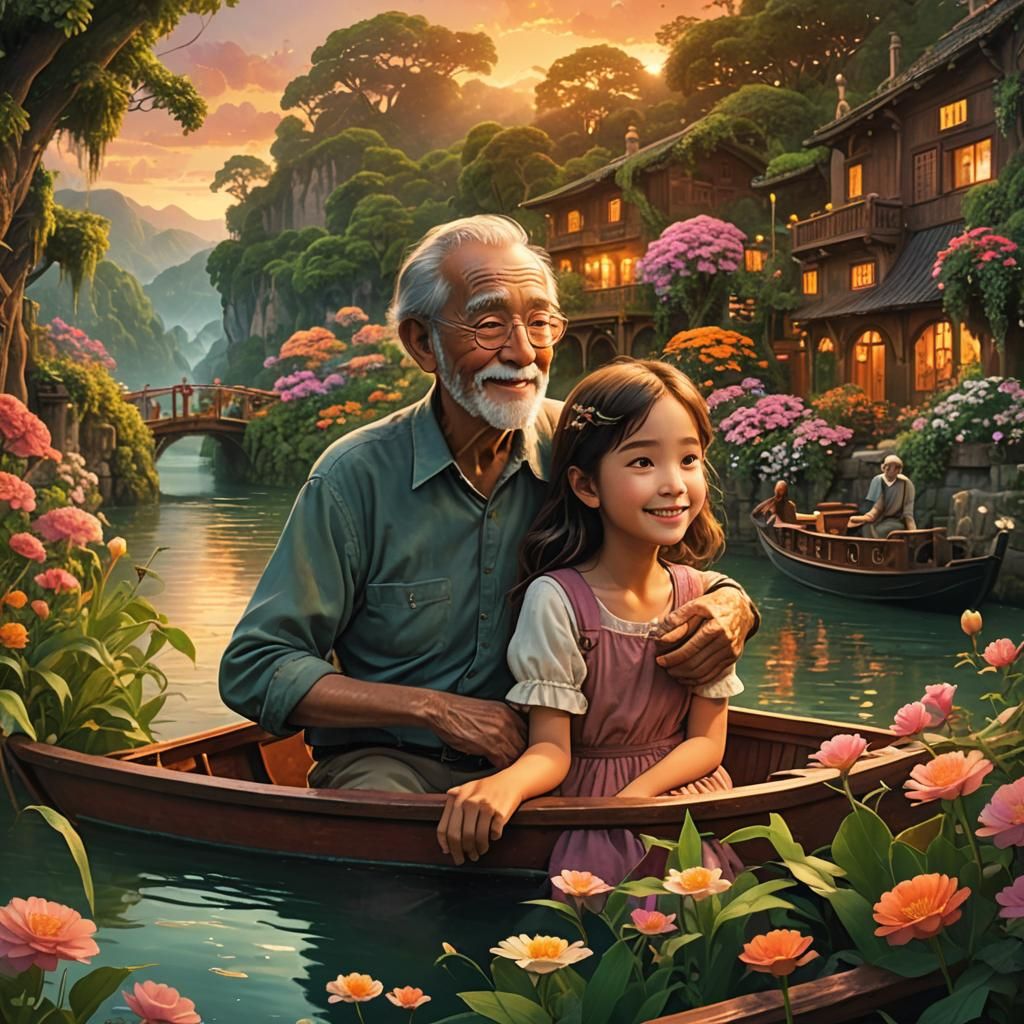 Touching River Boat Scene in Watercolor Style