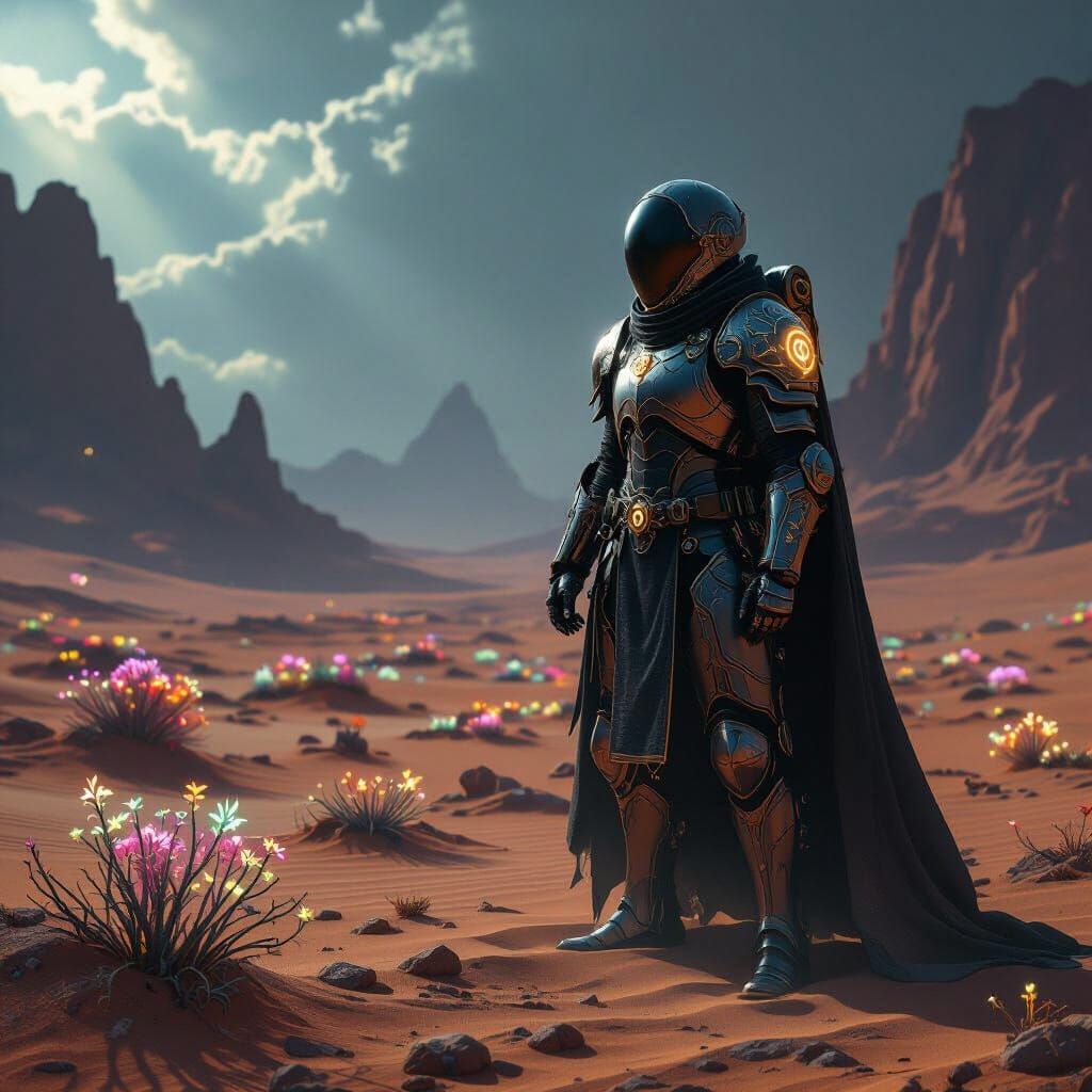 Astronaut Knight in Alien Desert, Dark Fantasy Style
