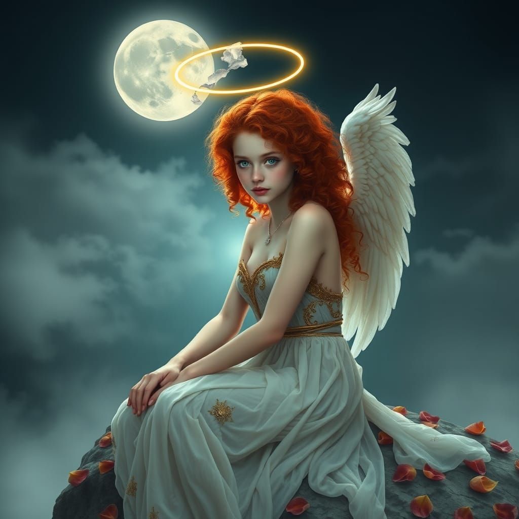 Redhead Angel on Misty Cliff in Cinematic Realism
