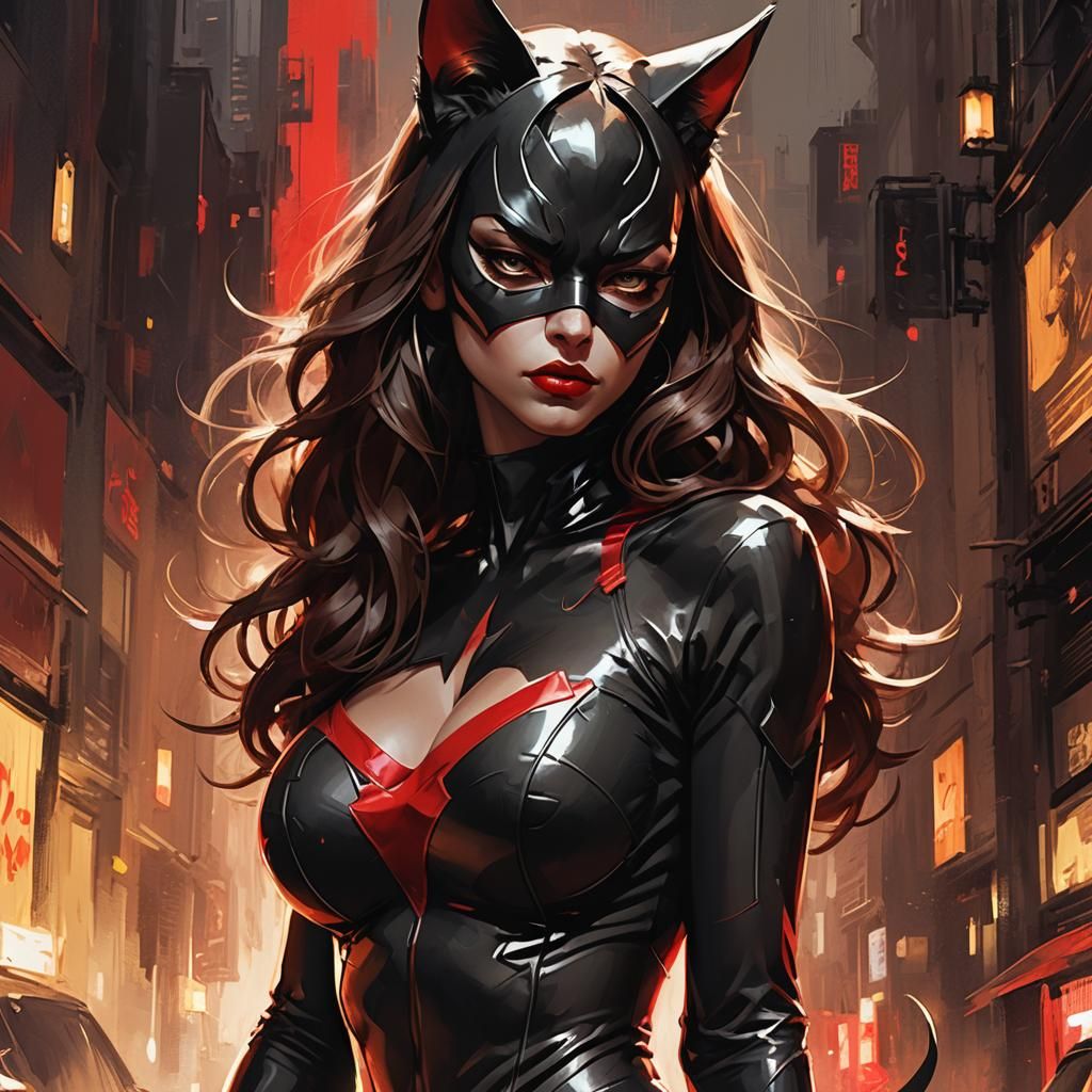 Girl in Black Cat Costume, Neo Noir Digital Art