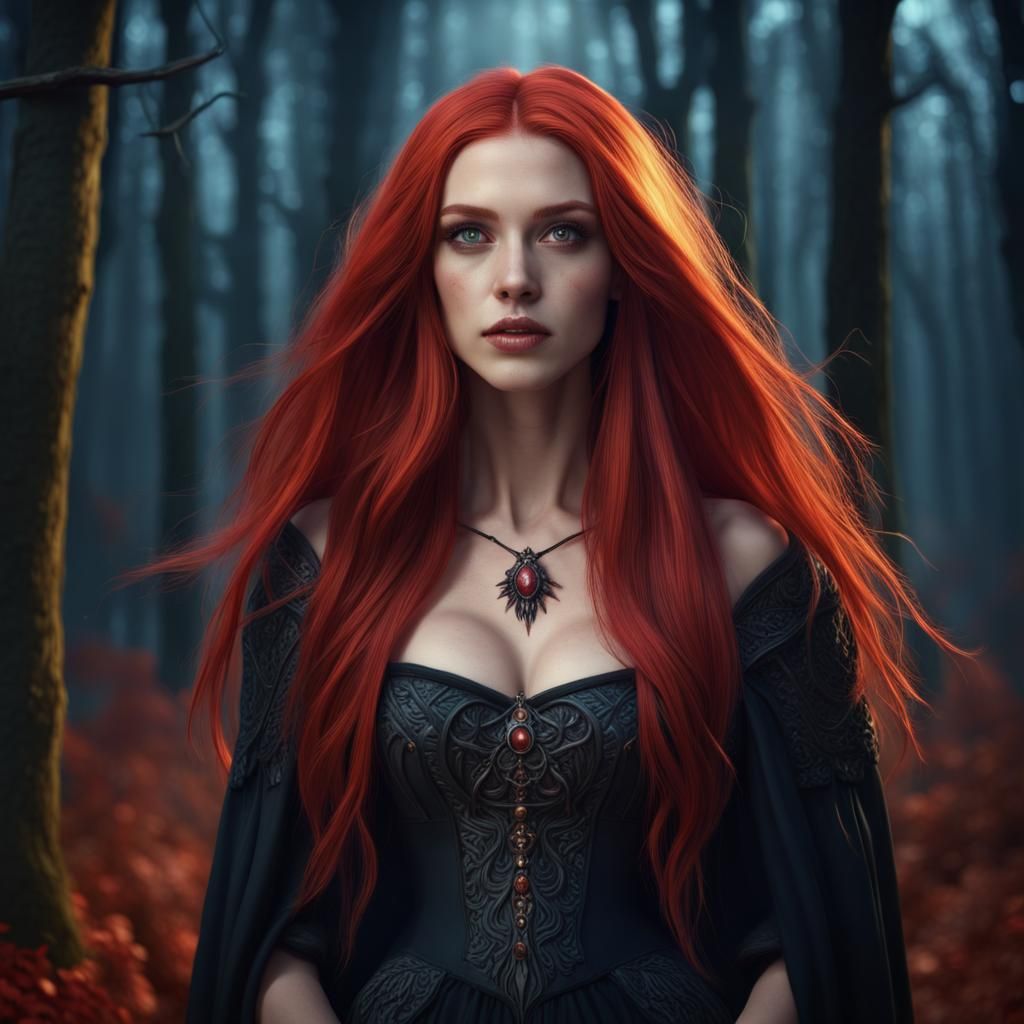 Red-Haired Witch in Fall Woods: Fantasy Concept Art
