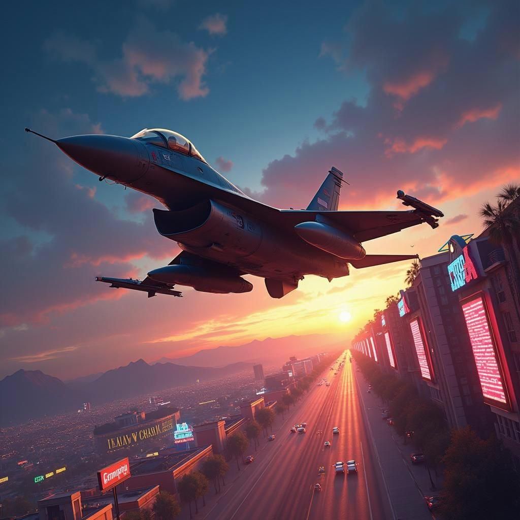 F-16 Jet Over Las Vegas in Nostalgic Poster Art