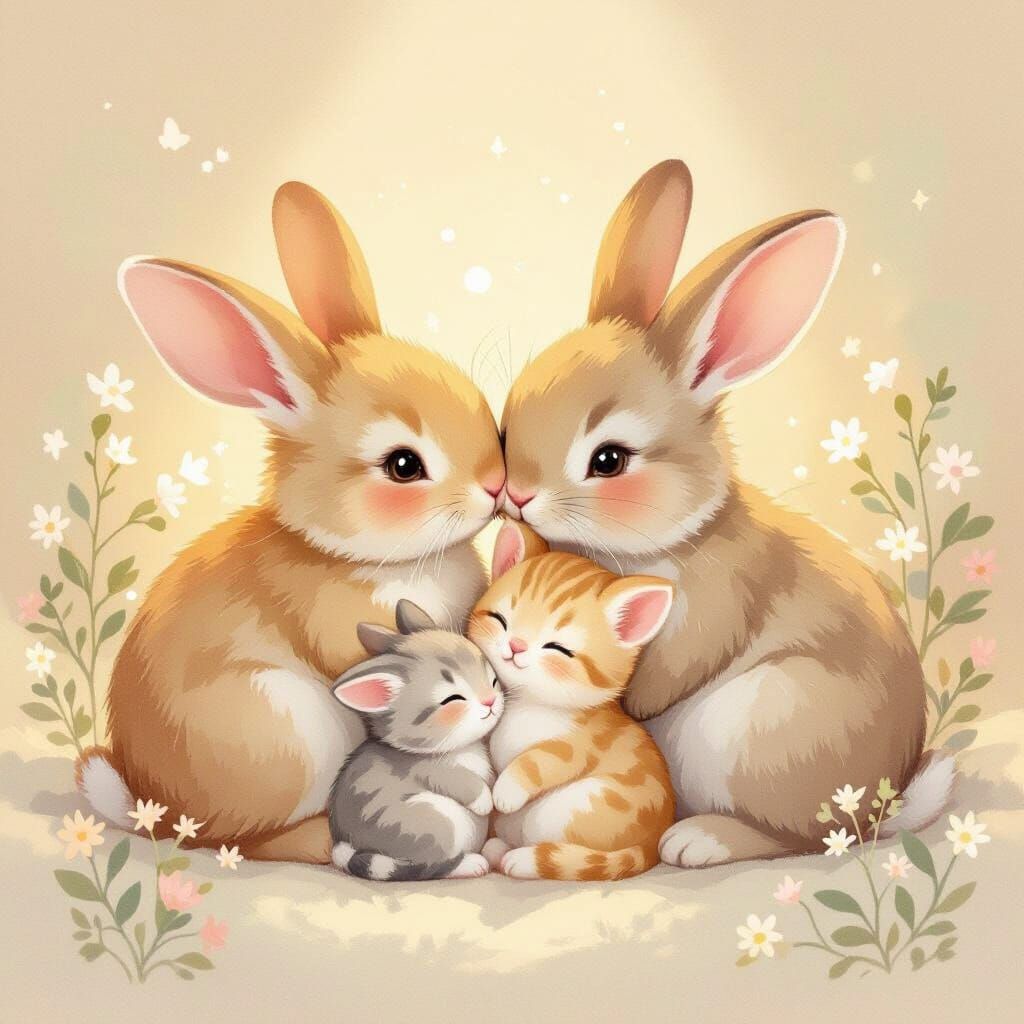 Cuddling Rabbits and Kittens in Pastel Colors