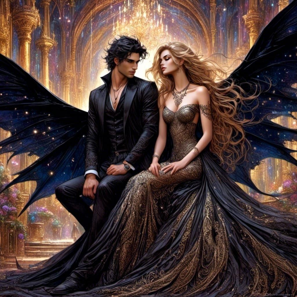Stunning Couple in Starlight Gown with Bat Wings