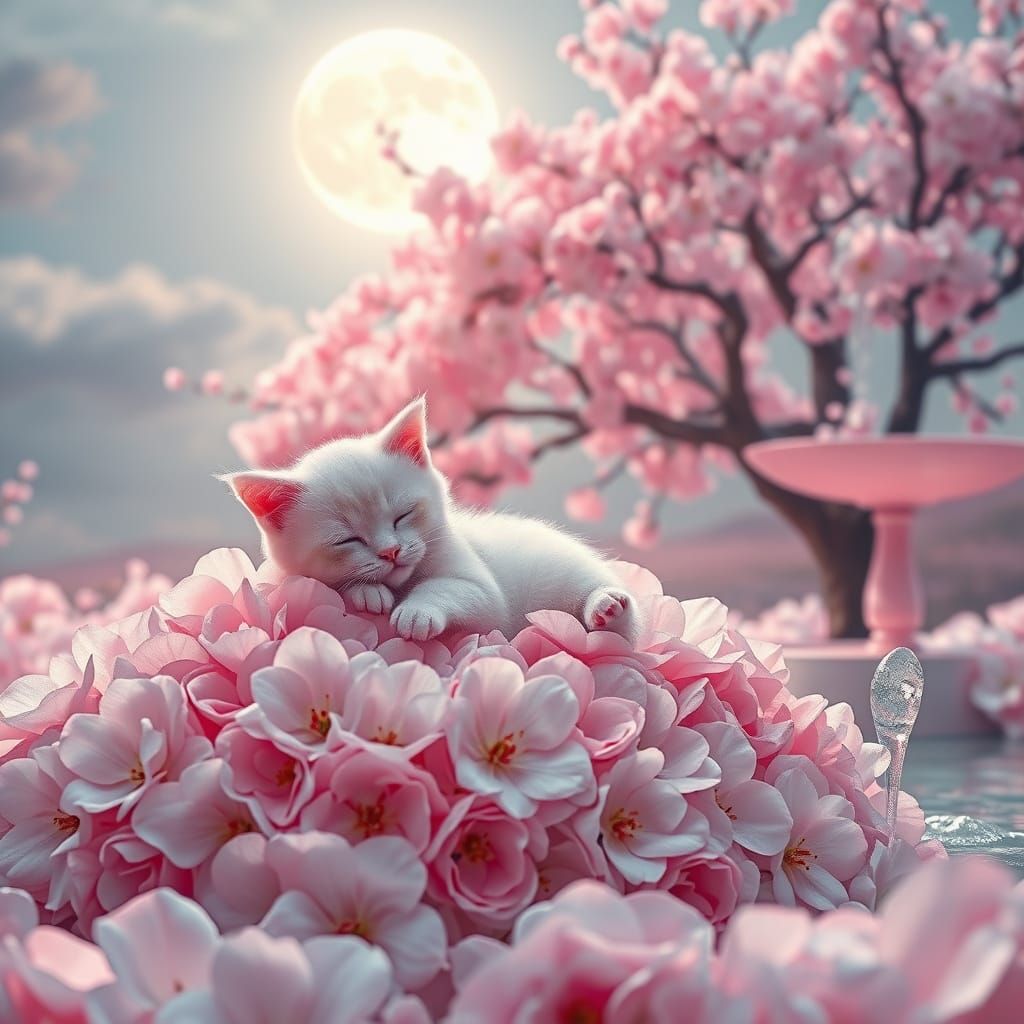 Whimsical Dreamlike Kitten in a Pink Paradise
