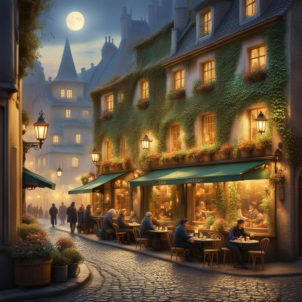 Night Cafe Scene in European Street, Monet Style