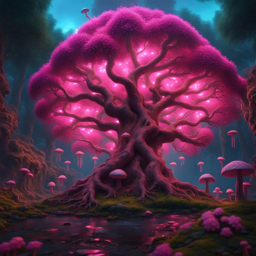 Tree of Life with Neon Flora, Fantasy Art