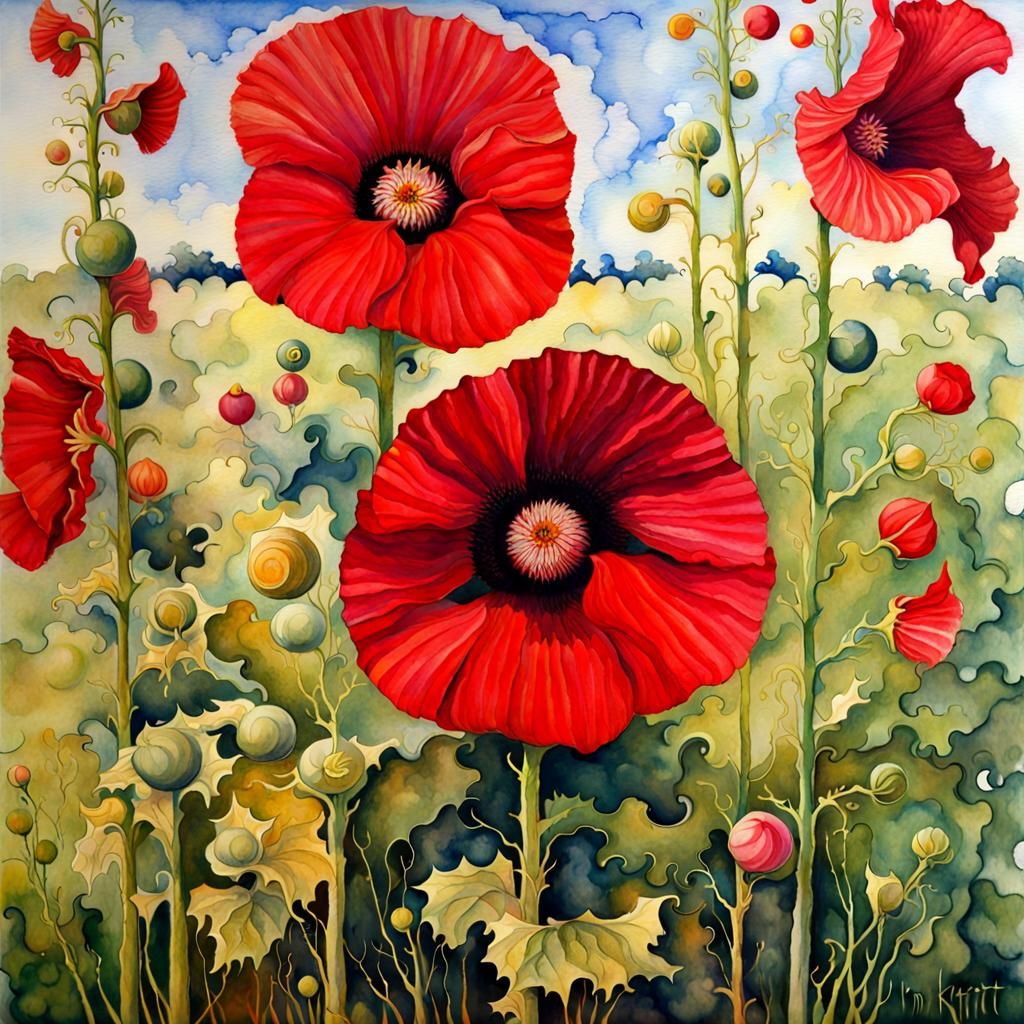 Surreal Red Hollyhocks as Oil Painting