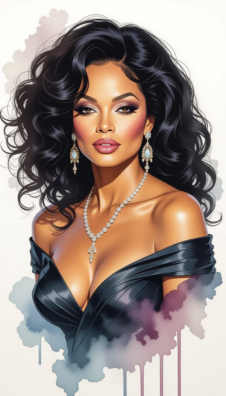Diana Ross Portrait in Ink and Watercolor