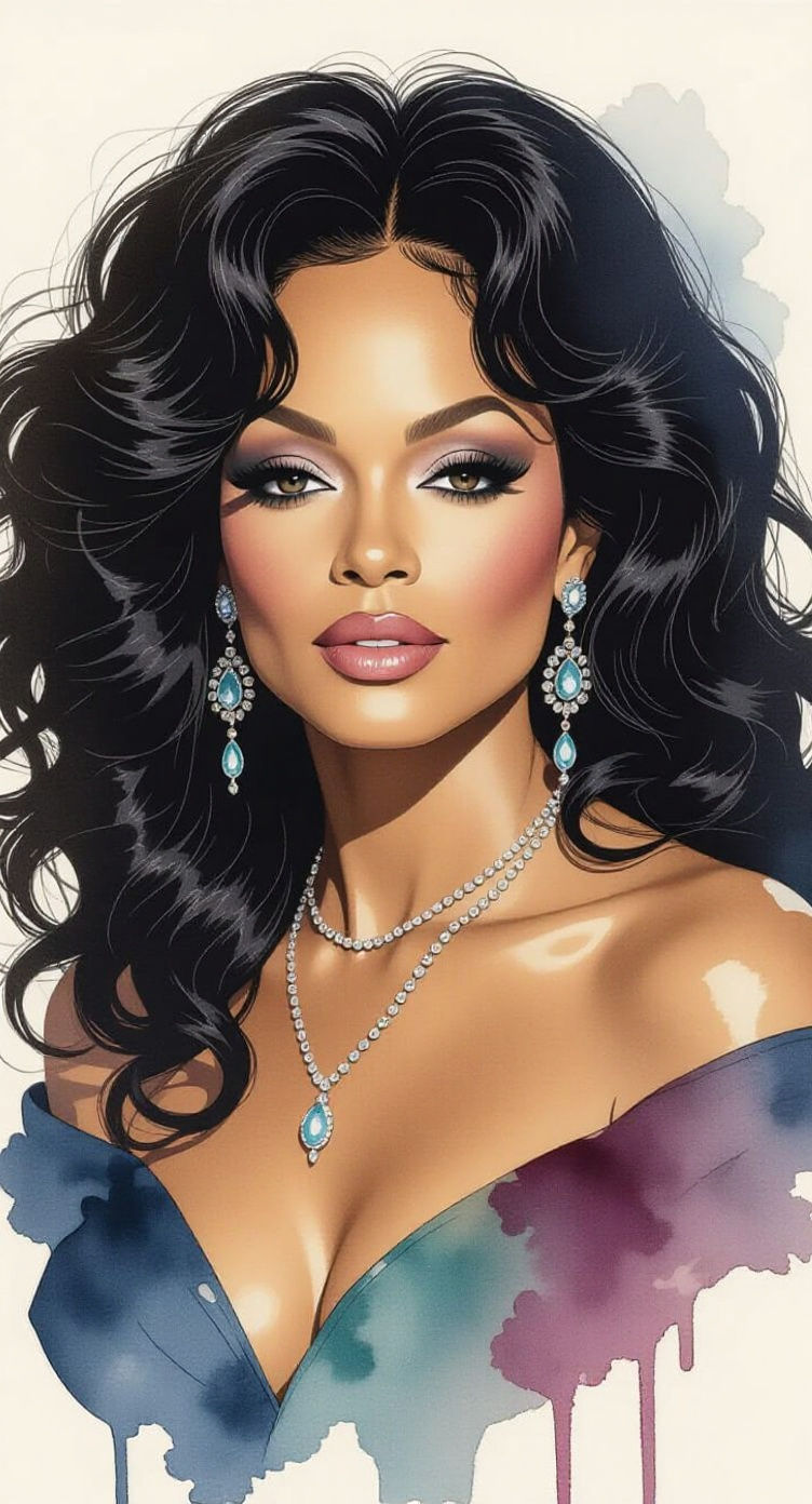 Ink and Watercolor Portrait with Delicate Jewelry