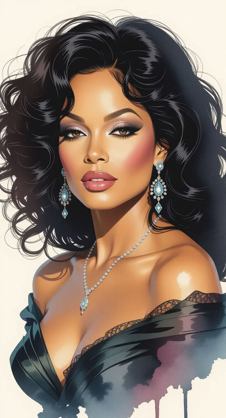 Diana Ross Portrait in Ink and Watercolor