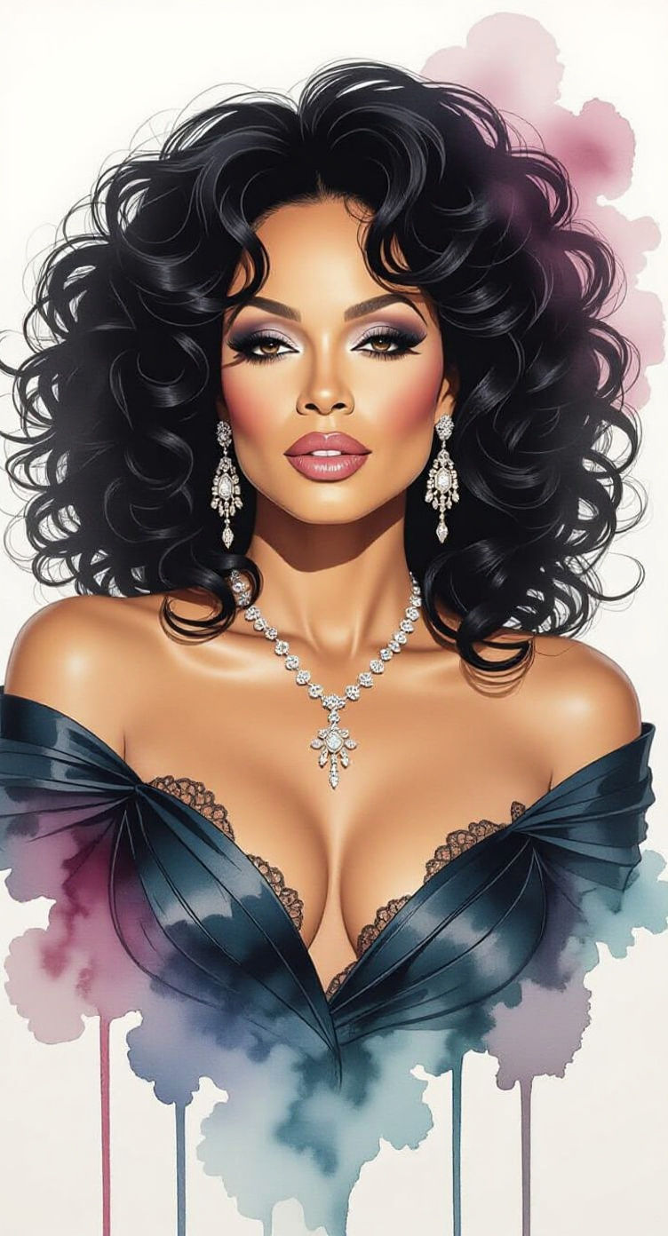Diana Ross Portrait in Ink and Watercolor Blend