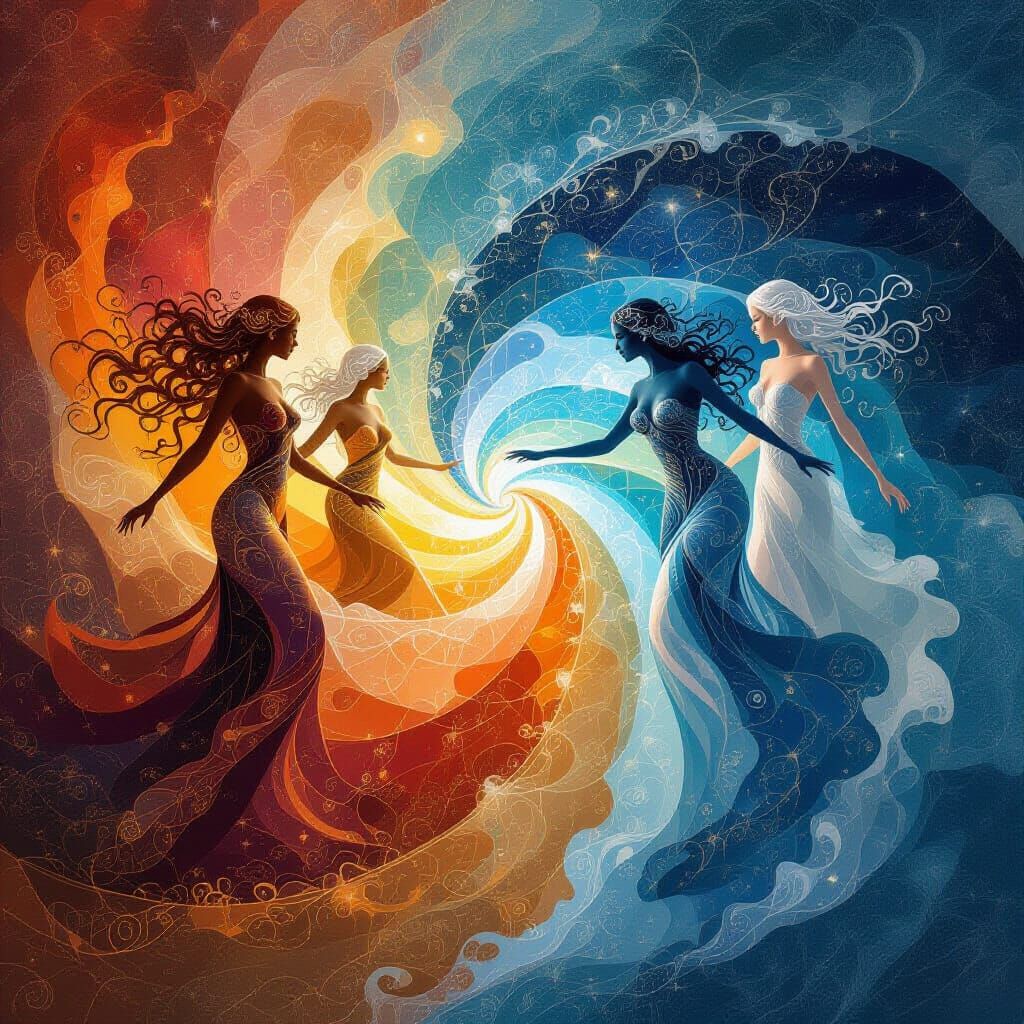 Celestial Feminine Figures in Cosmic Dance
