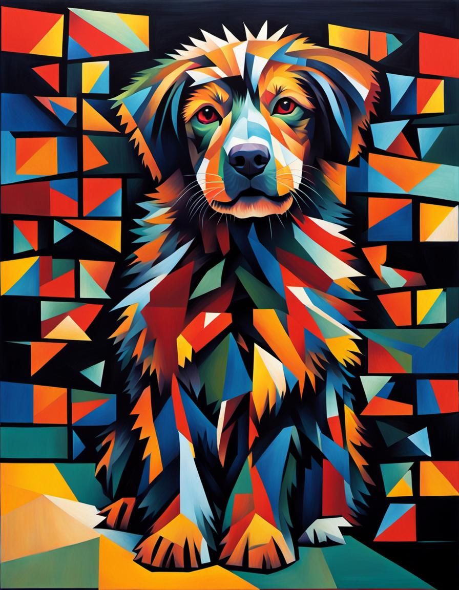 Geometric Canine Masterpiece in Vibrant Cubist Style