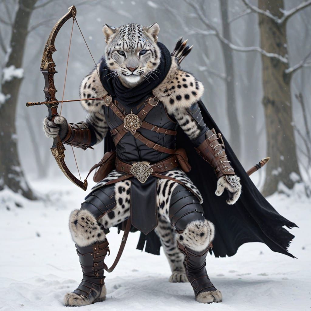 Lithe Dark Fantasy Catman in Striped Leather Armor Aims Cros...