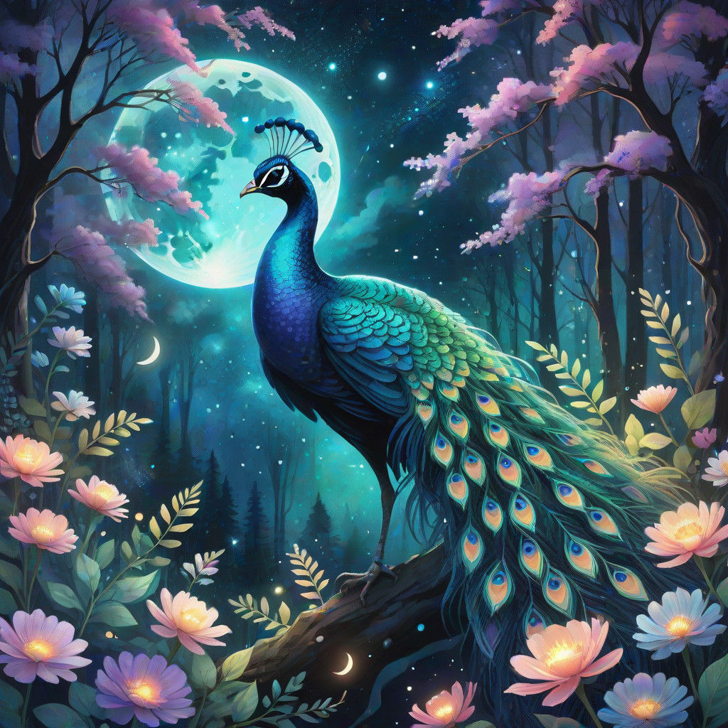 Ethereal Bioluminescent Peacock in a Dreamy Cosmic Landscape
