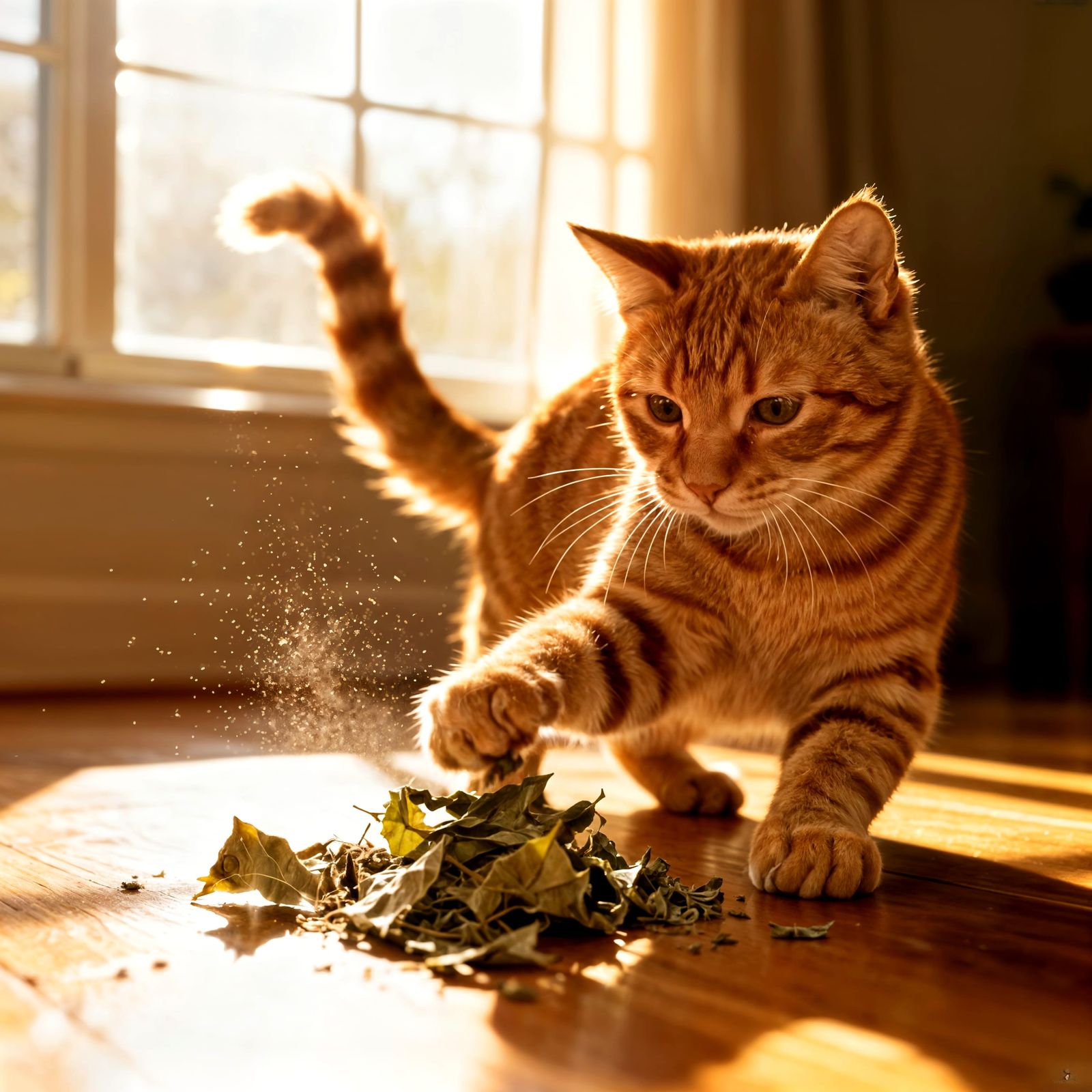 Orange Tabby Cat Enjoys Sunshine and Catnip