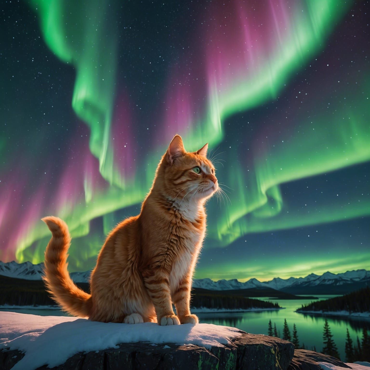 Tabby Cat Watches Northern Lights Dance