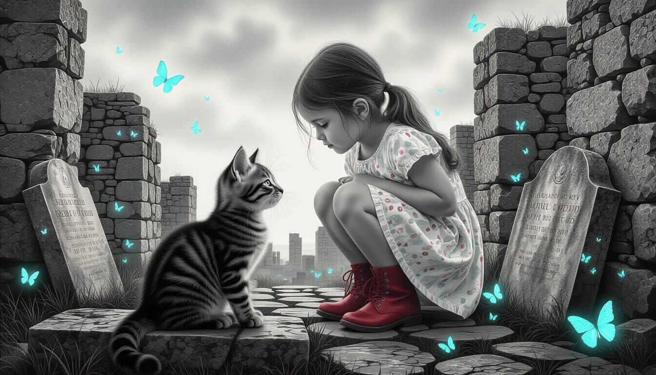 Mythic Girl and Kitten in Hyper-Realistic Graphite Art