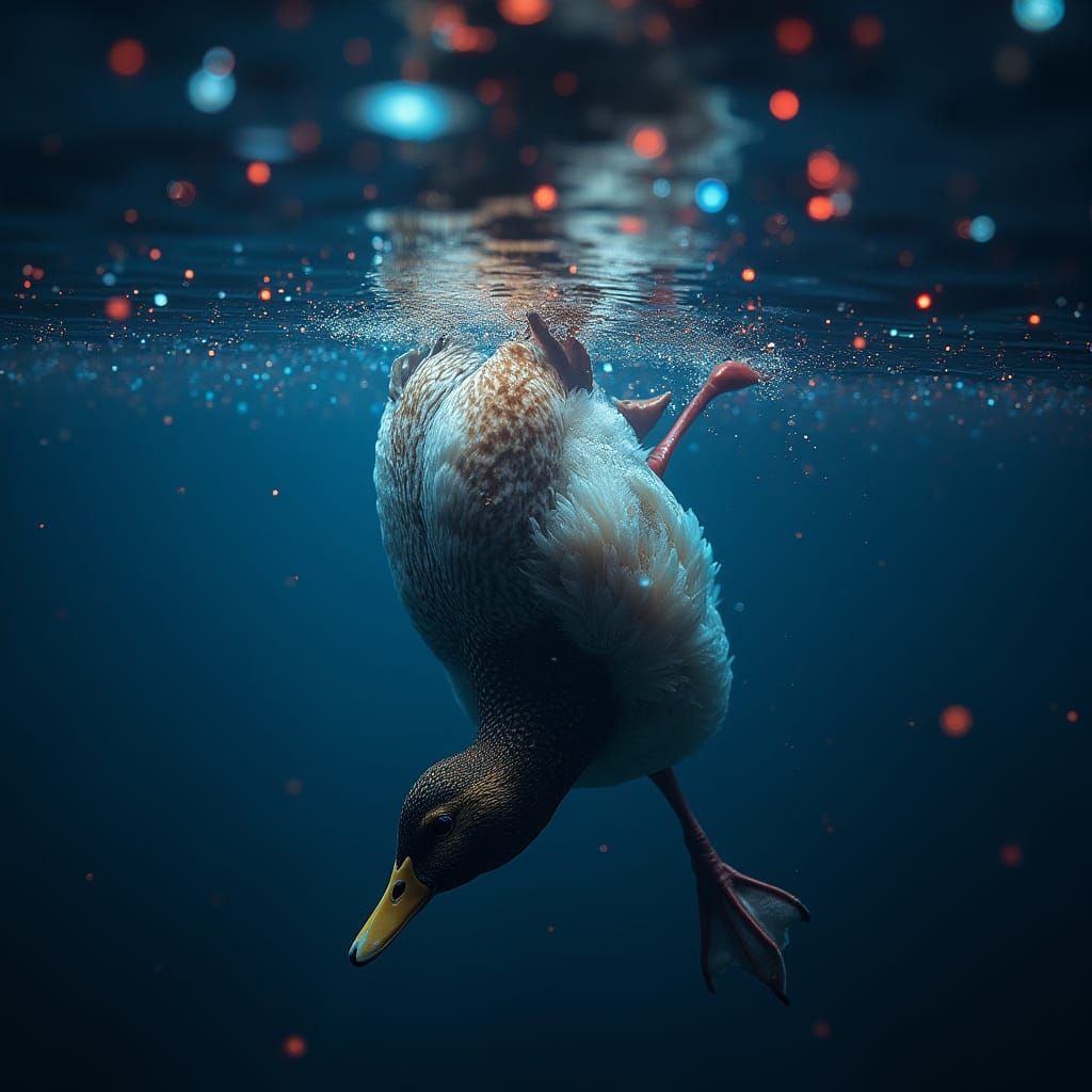 Upturned Duck in Bioluminescent Underwater World