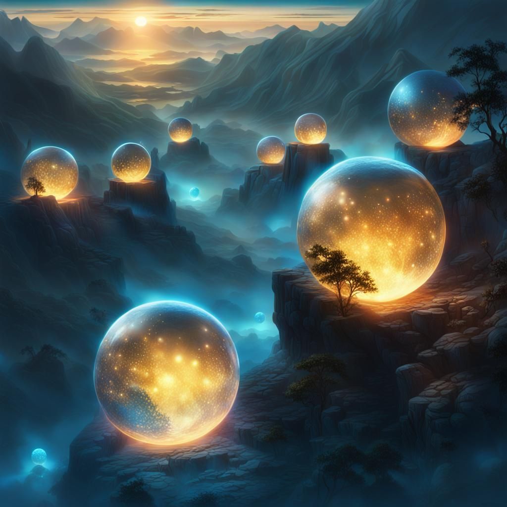 Mystical Landscape with Glowing Orbs in Fantasy Art