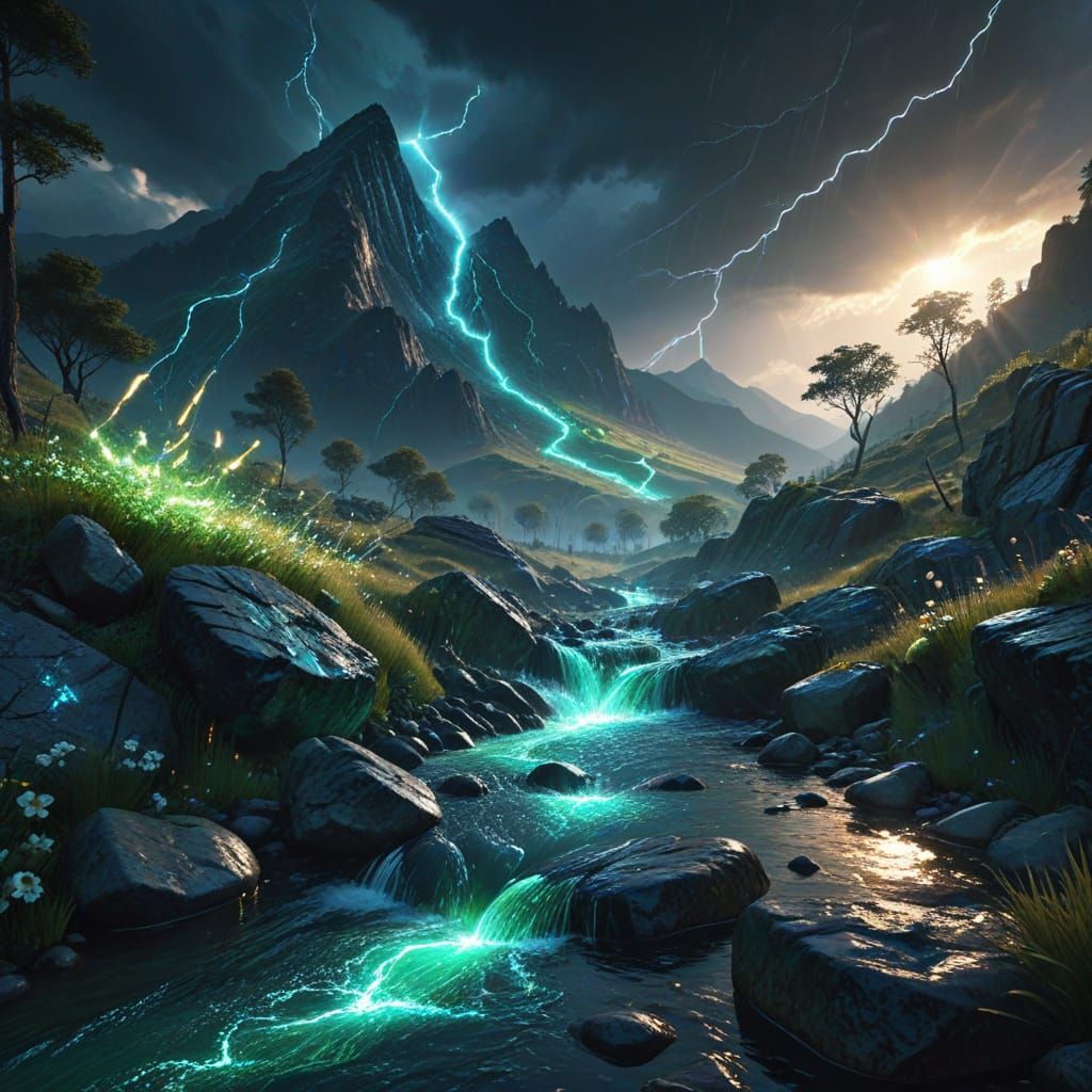 Digital Code Mountain Stream with Lightning