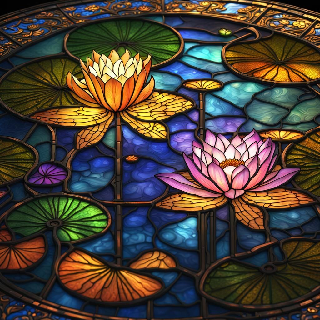 Ornate Stained Glass Lotus Flower Digital Painting