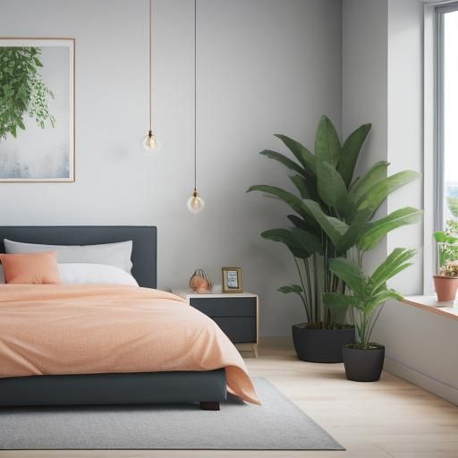 Modern Peach Bedroom with Plants and TV